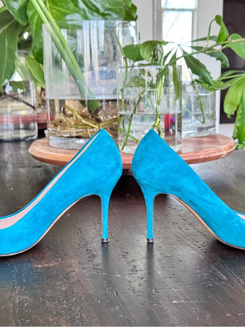 Turquoise Suede Pointed-T High Heels - Women's Dress Pumps - Picture 4 of 6